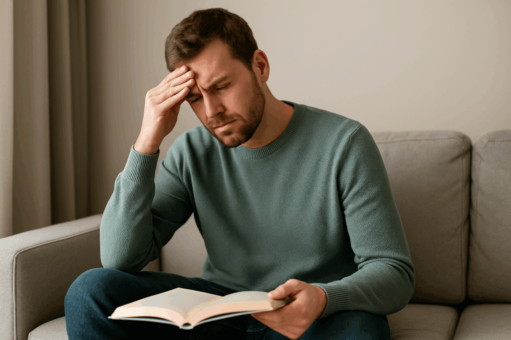 Mann sitzt mit einem Buch auch dem Sofa